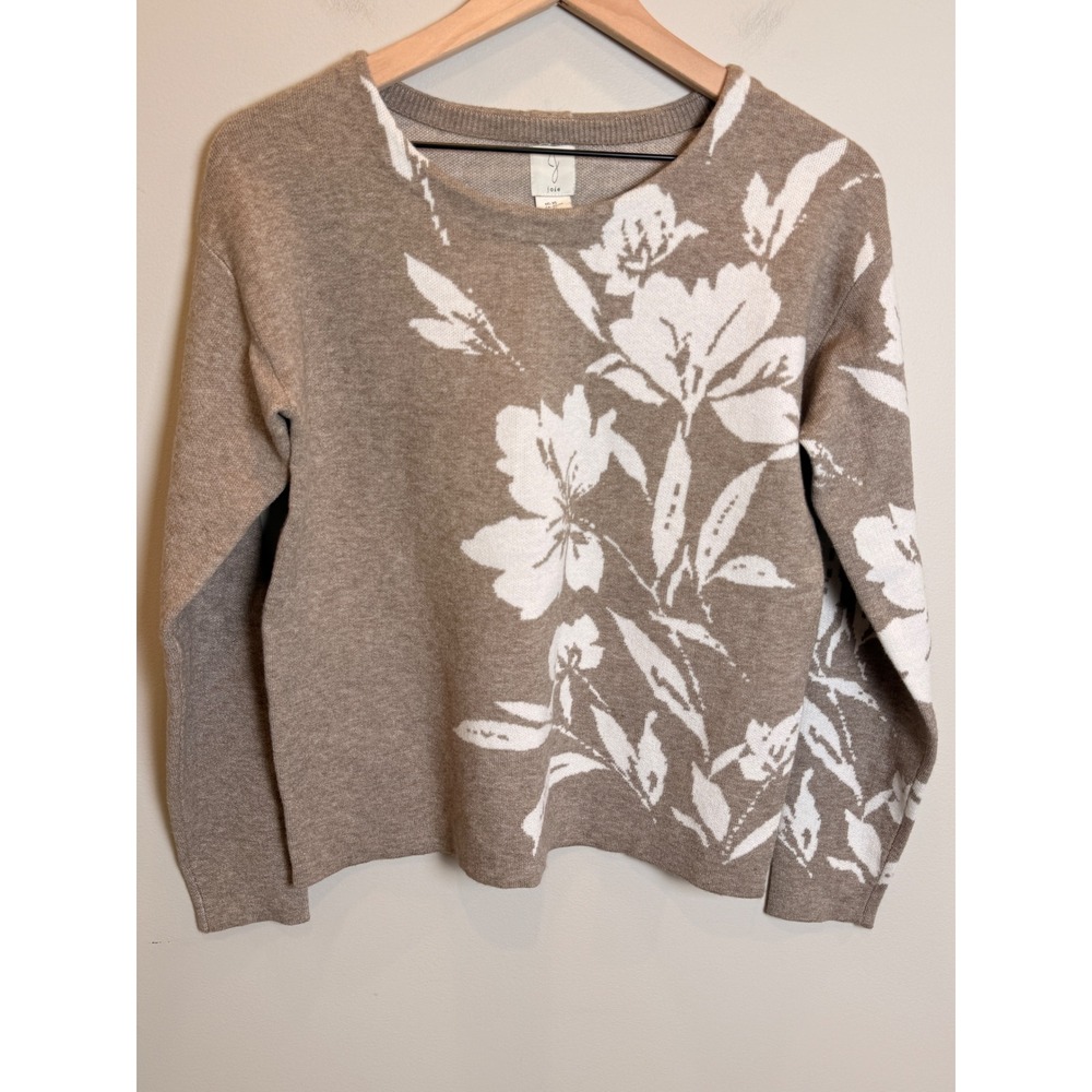 Joie Button Back Long Sleeve Tan White Floral Sweater Soft Girl Knit XS Neutral
